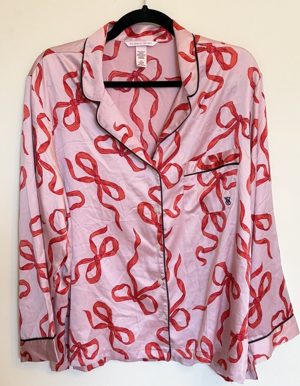 Victoria's Secret Glazed Satin Pajama Set Pink Red Bows Pj’s Size Large